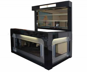 Black Restaurant counter, with mirrors and lights.