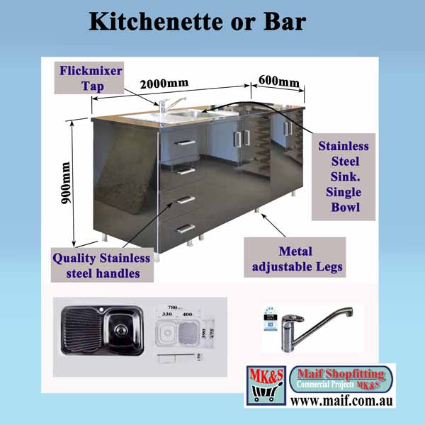 Office Kitchen with stainless steel sink and handles. Gloss dooors